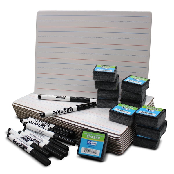 Flipside Double-Sided Magnetic Red + Blue Ruled Dry Erase Board 9in. x 12in. + Erasers + Black Markers, 12PK 19076 - main